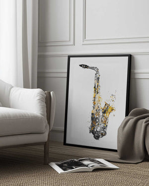 Tablou înramat „Black and Gold Music Art Saxophone Instrument” de Justyna Jaszke