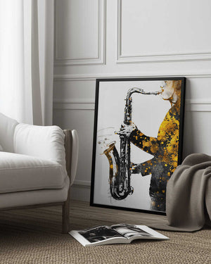 Tablou înramat „Black and Gold Music Art Saxophone2” de Justyna Jaszke