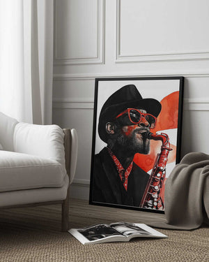 Tablou înramat „Saxophonist music art” de Justyna Jaszke