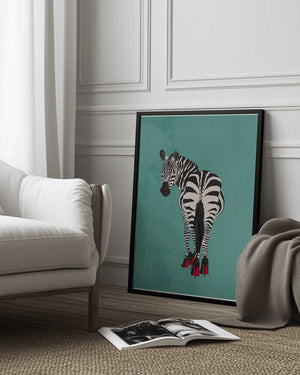 Tablou înramat „Zebra in heels teal” de Sarah Manovski