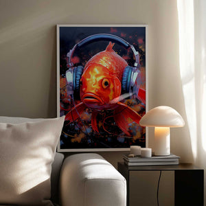 Tablou înramat „Gold Fish With Headphones animal” de Justyna Jaszke