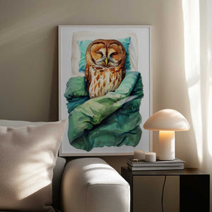 Tablou înramat „Animal Watercolor Art Bird Sleeping Owl” de Justyna Jaszke