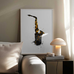 Tablou înramat „Black and Gold Music Art Saxophone” de Justyna Jaszke