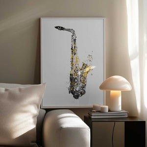Tablou înramat „Black and Gold Music Art Saxophone Instrument” de Justyna Jaszke