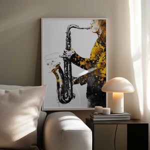 Tablou înramat „Black and Gold Music Art Saxophone2” de Justyna Jaszke
