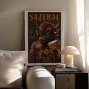 Tablou înramat „Buffalo Drinking Sazerac Cocktail. Alcohol &amp; Liquor Bar Art” de The Whiskey Ginger