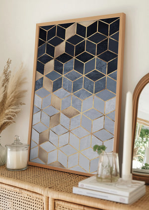 Tablou înramat „Soft Blue Gradient Cubes” de Elisabeth Fredriksson