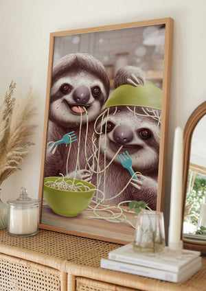 Tablou înramat „YOUNG SLOTH EATING SPAGETTI” de Adam Lawless