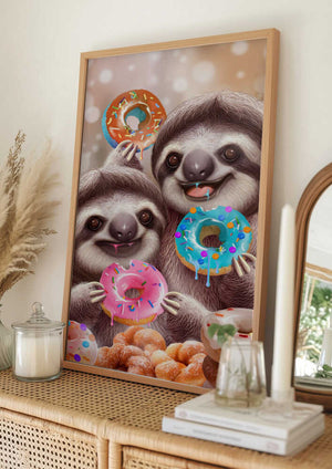 Tablou înramat „SLOTHS EATING DONUTS” de Adam Lawless