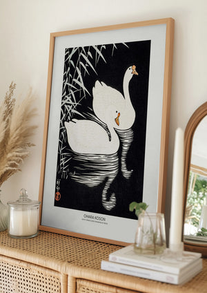 Tablou înramat „White Chinese Geese Swimming by Reeds” de Ohara Koson