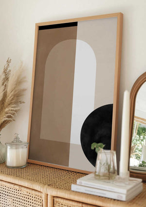 Tablou înramat „Geometric Shapes in Earthy Tones with a Black Circle” de Elena Ristova