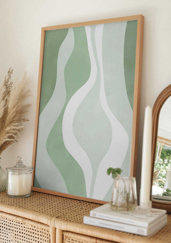 Tablou înramat „Organic Shapes In Soft Green And White Hues” de Elena Ristova