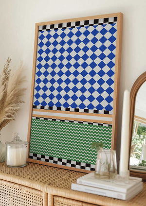 Tablou înramat „Geometric Pattern With Blue And White Diamonds” de Little Dean