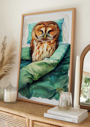 Tablou înramat „Animal Watercolor Art Bird Sleeping Owl” de Justyna Jaszke