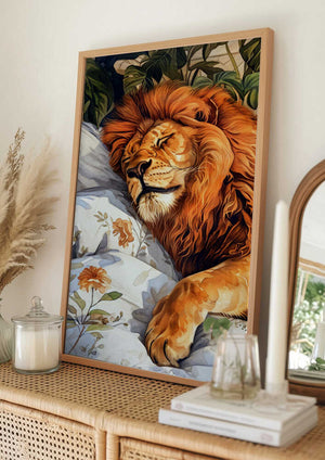 Tablou înramat „Animal Watercolor Art Lion Sleeping” de Justyna Jaszke