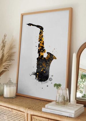 Tablou înramat „Black and Gold Music Art Saxophone” de Justyna Jaszke