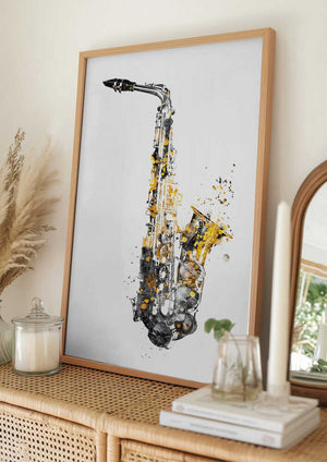 Tablou înramat „Black and Gold Music Art Saxophone Instrument” de Justyna Jaszke
