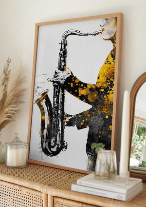 Tablou înramat „Black and Gold Music Art Saxophone2” de Justyna Jaszke