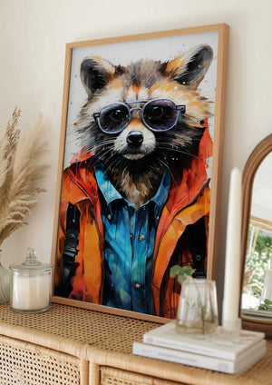 Tablou înramat „Raccoon Hipster Watercolor Animal Art” de Justyna Jaszke