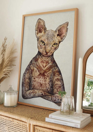 Tablou înramat „Stylish Tattoo Cat” de Mike Koubou