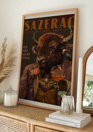 Tablou înramat „Buffalo Drinking Sazerac Cocktail. Alcohol &amp; Liquor Bar Art” de The Whiskey Ginger