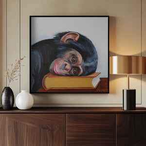 Tablou înramat „Resting Monkey Head On A Book” de Violeta Vollmer