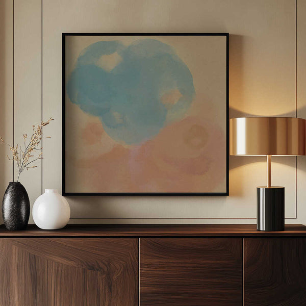 Tablou înramat „Peach &amp; Blue Harmony – Abstract Watercolor Shapes” de Dina Dankers