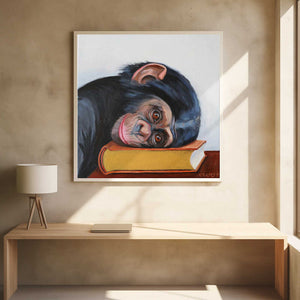 Tablou înramat „Resting Monkey Head On A Book” de Violeta Vollmer