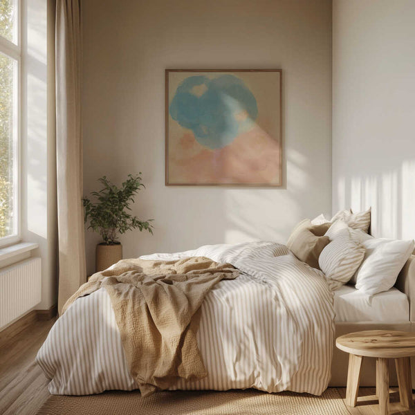 Tablou înramat „Peach &amp; Blue Harmony – Abstract Watercolor Shapes” de Dina Dankers