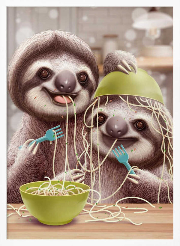 Tablou înramat „YOUNG SLOTH EATING SPAGETTI” de Adam Lawless