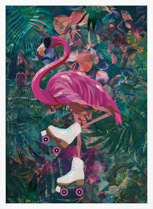 Tablou înramat „Tropical Floral Jungle - FLamingo rollerskating” de Sarah Manovski