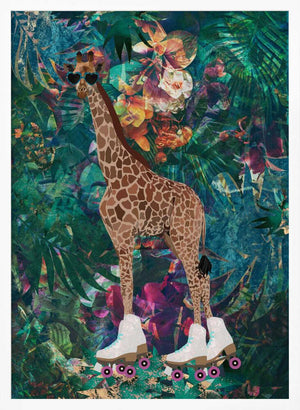Tablou înramat „Tropical Floral Jungle - Giraffe rollerskating” de Sarah Manovski