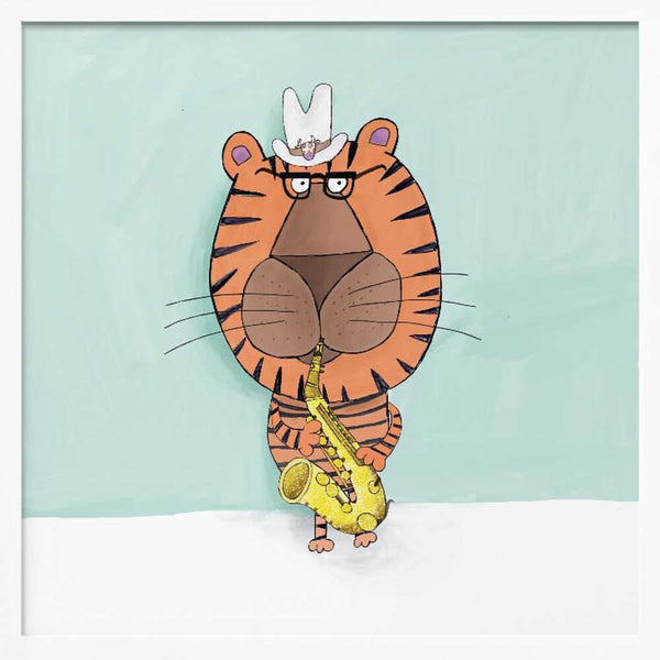 Tablou înramat „Tiger Saxophone Player with Cowboy Hat by Artist Carla Daly” de Carla Daly